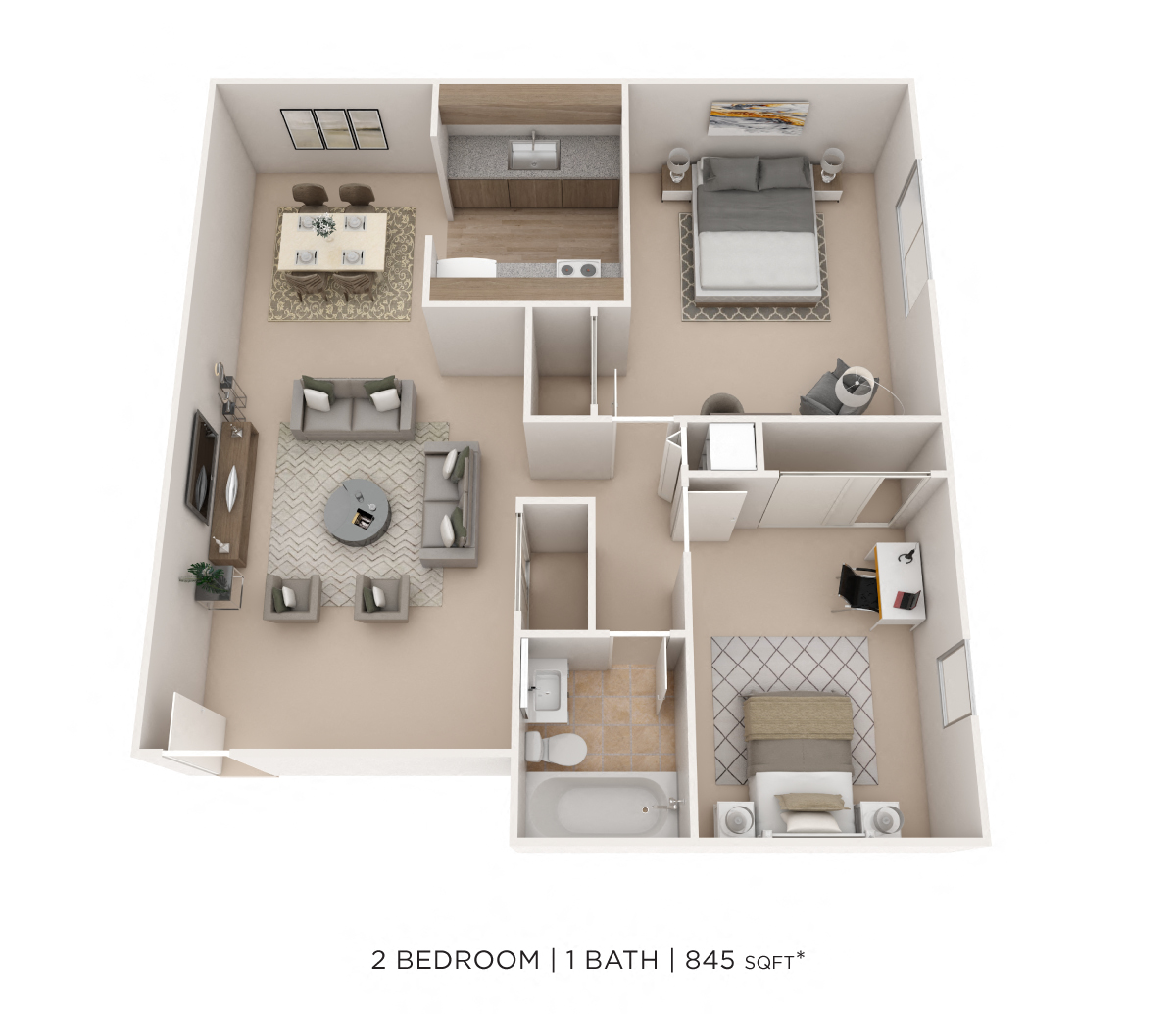 Floor plan for 2 beds, 1 bath, 925 sqft
