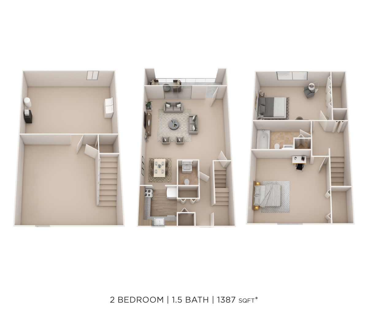 Floor plan for 2 beds, 1.5 baths, 1387 sqft