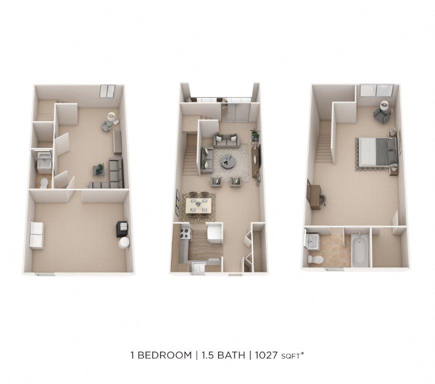 Floor plan for 1 bed, 1.5 baths, 1027 sqft