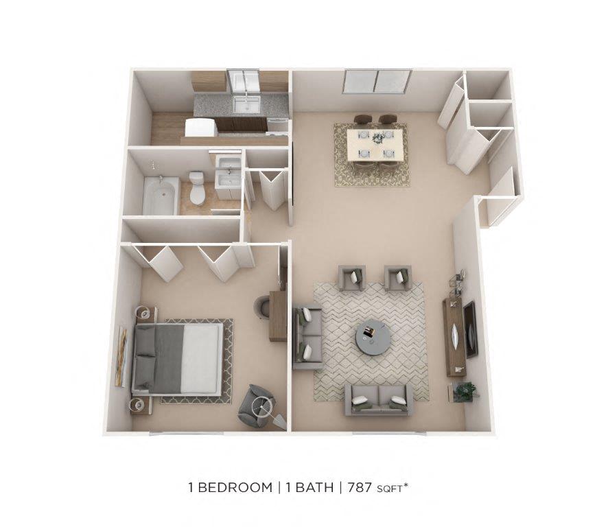 Floor plan for 1 bed, 1 bath, 787 sqft