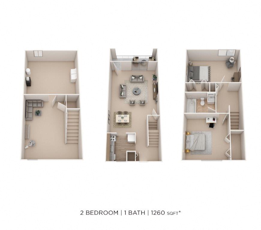 Floor plan for 2 beds, 1 bath, 1260 sqft