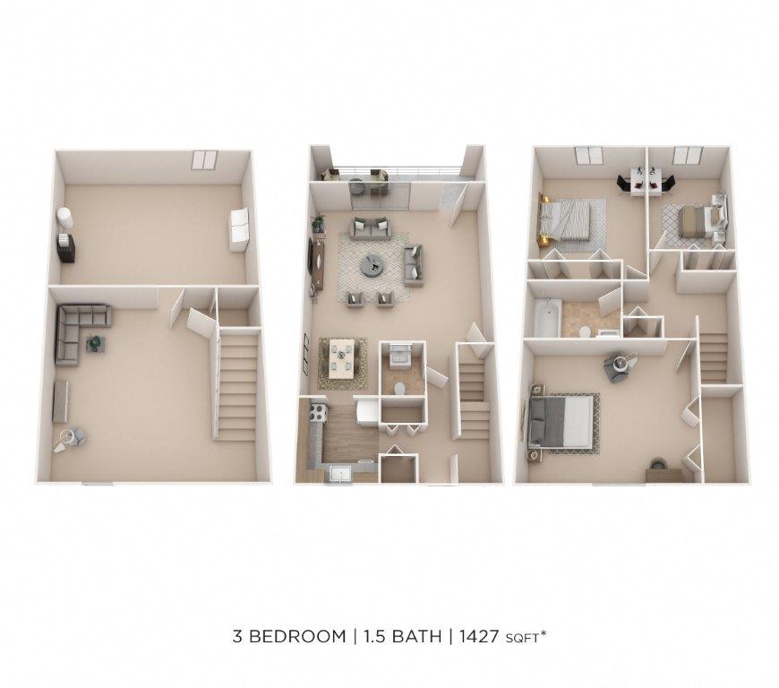 Floor plan for 3 beds, 1.5 baths, 1427 sqft