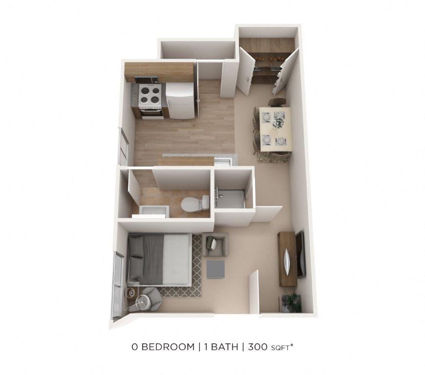 Floor plan for studio, 1 bath, 300 sqft