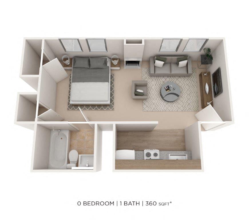 Floor plan for studio, 1 bath, 360 sqft