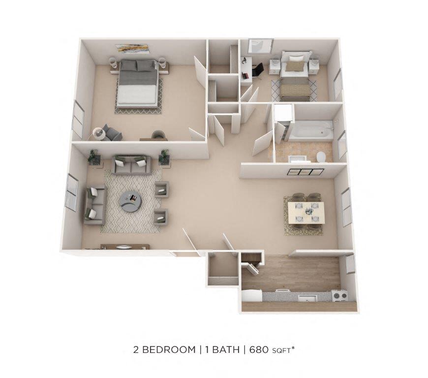 Floor plan for 2 beds, 1 bath, 680 sqft