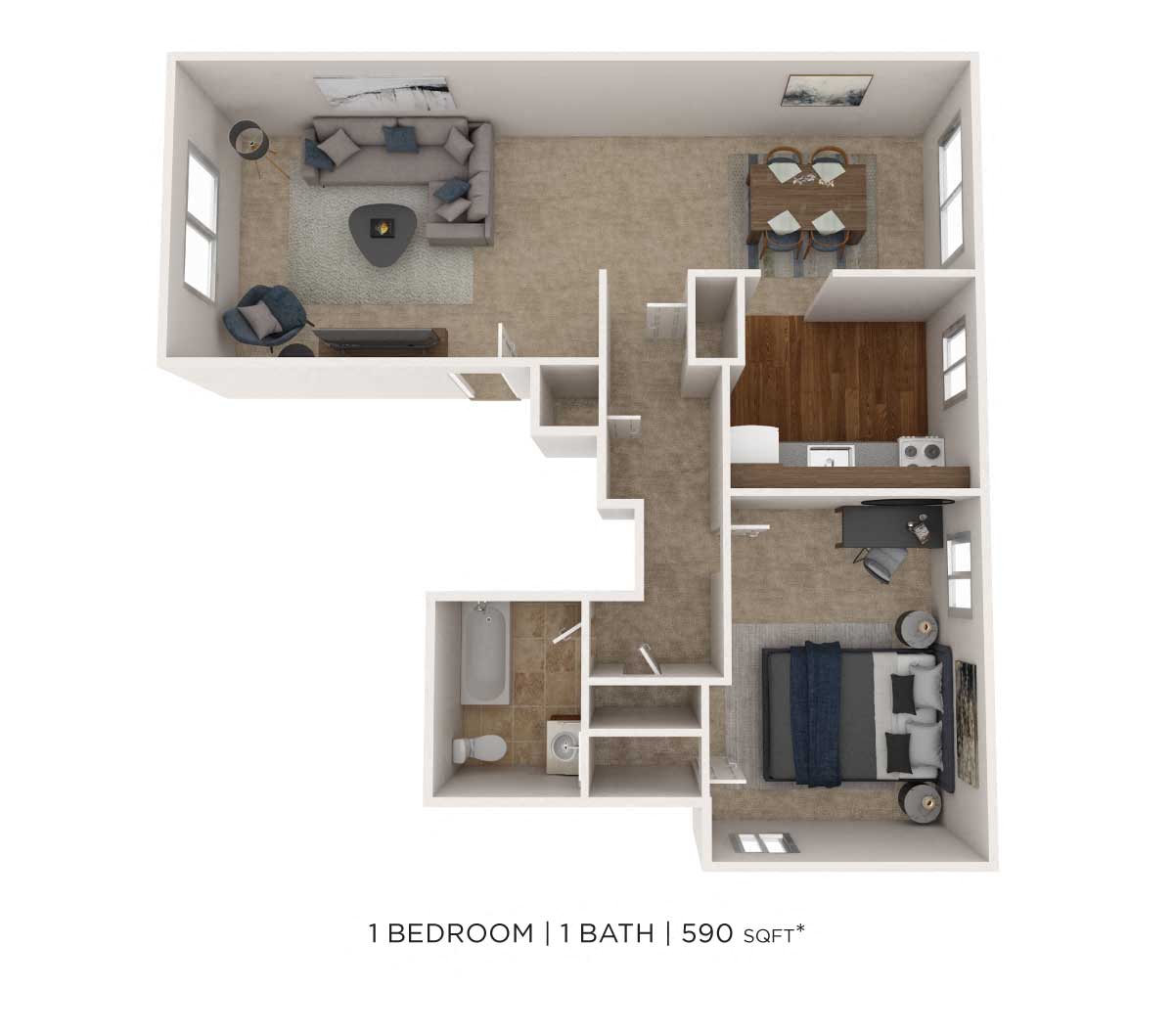 Floor plan for 1 bed, 1 bath, 590 sqft
