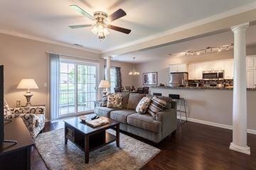 Webster apartment for rent - A living room with a grey couch and a ceiling fan.