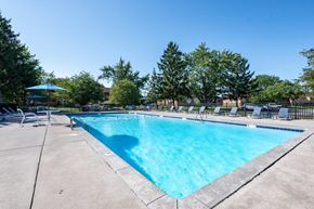 Webster apartment for rent - A large swimming pool surrounded by trees and lounge chairs.
