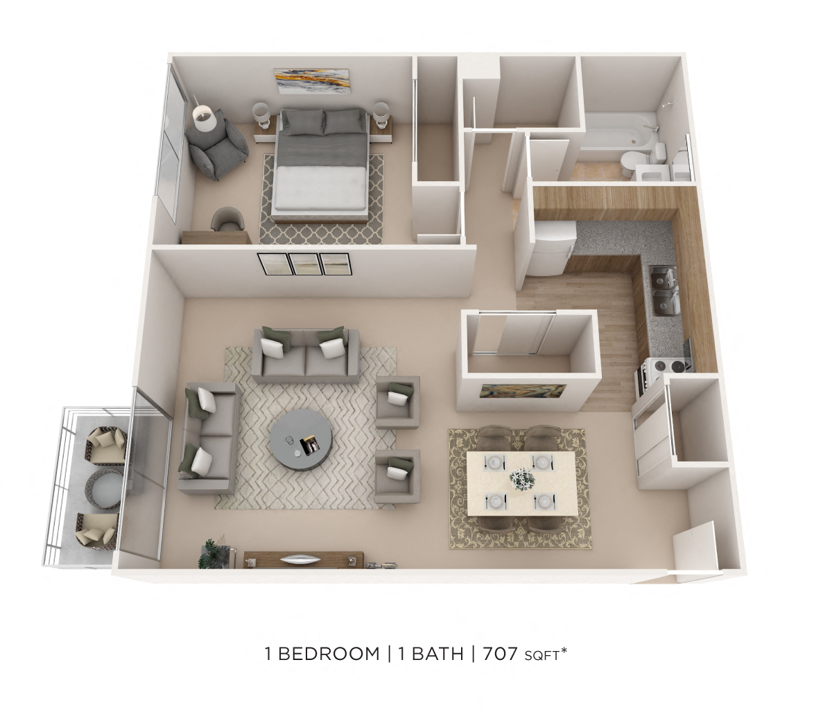 Floor plan for 1 bed, 1 bath, 707 sqft