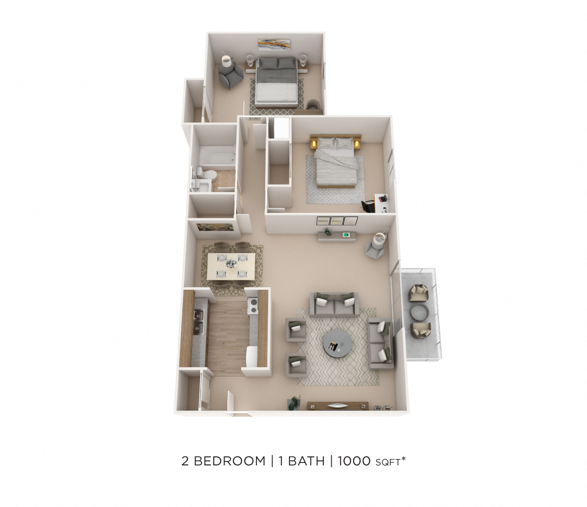 Floor plan for 2 beds, 1 bath, 1000 sqft
