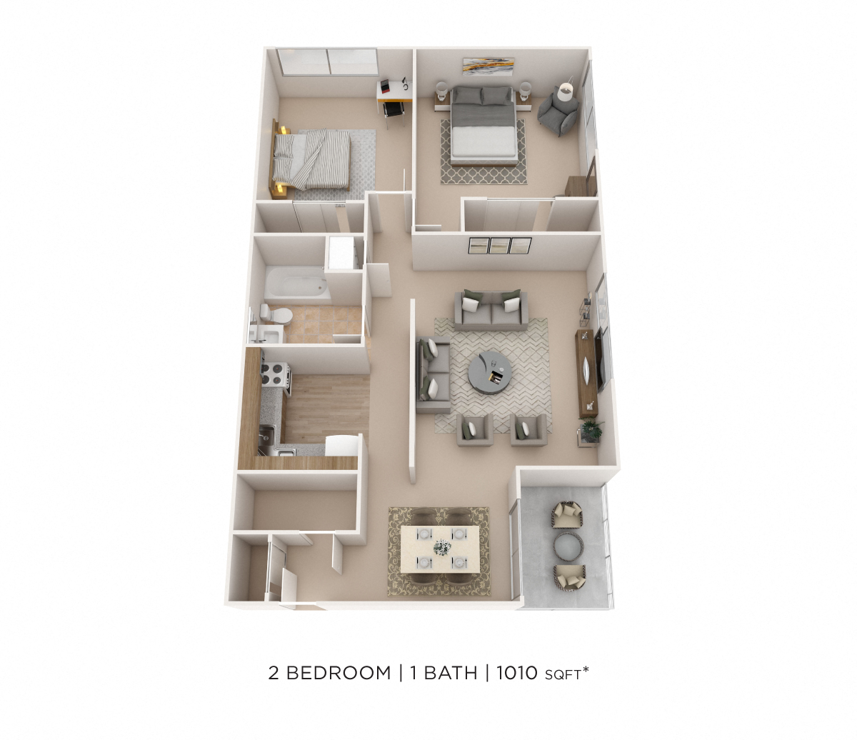 Floor plan for 2 beds, 1 bath, 1010 sqft