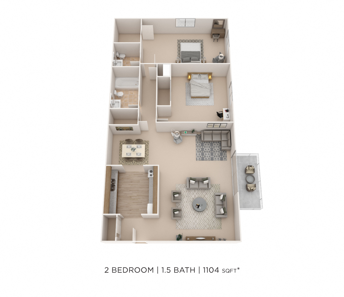 Floor plan for 2 beds, 1.5 baths, 1104 sqft