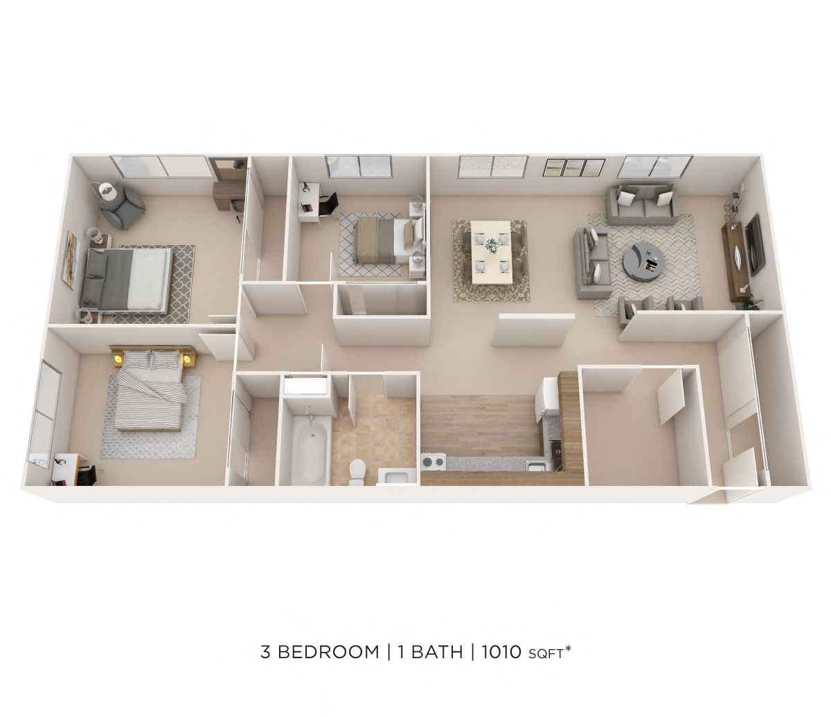 Floor plan for 3 beds, 1 bath, 1010 sqft