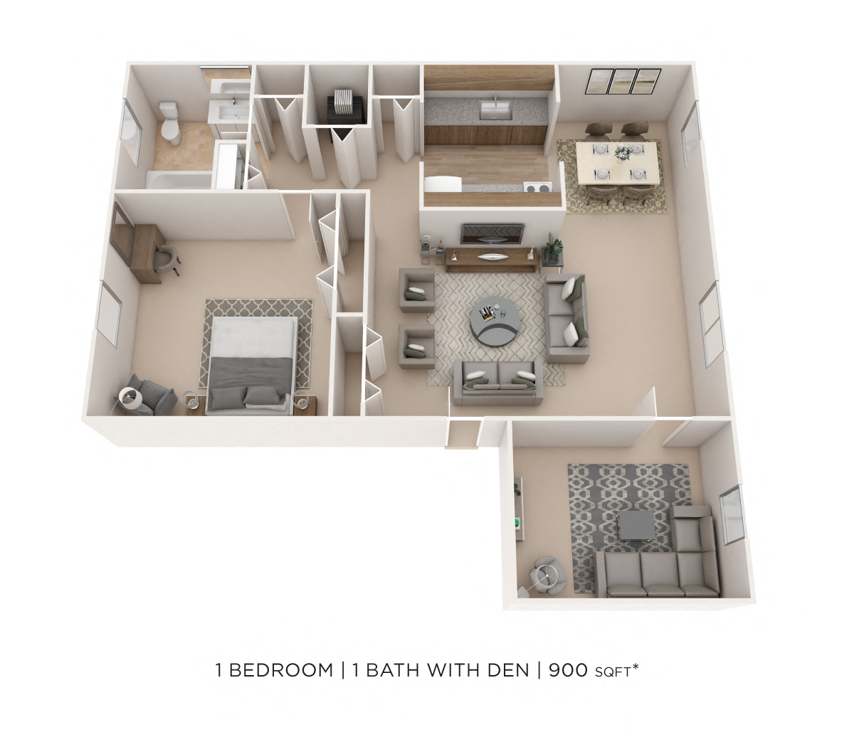 Floor plan for 1 bed, 1 bath, 900 sqft
