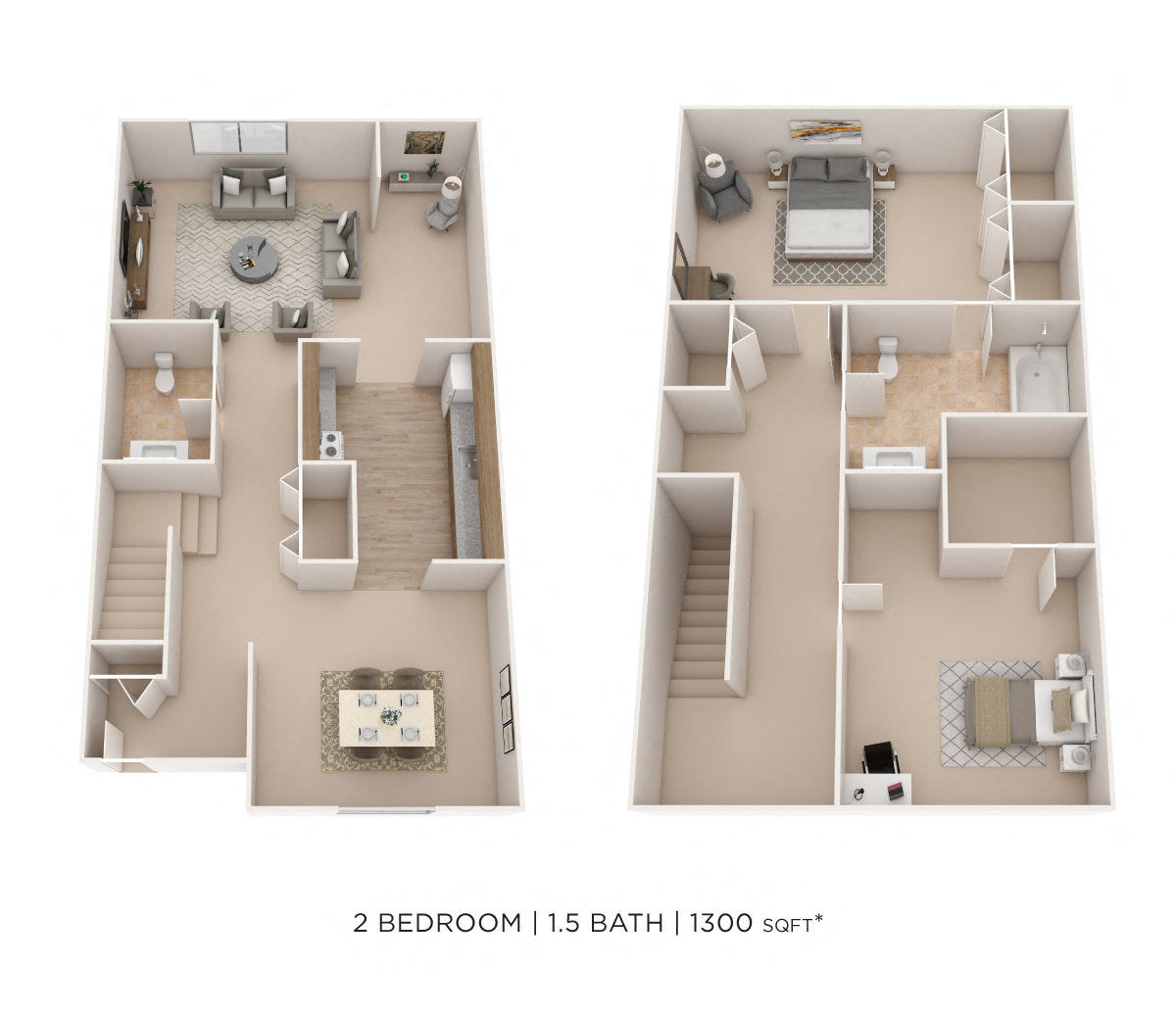 Floor plan for 2 beds, 1.5 baths, 1300 sqft