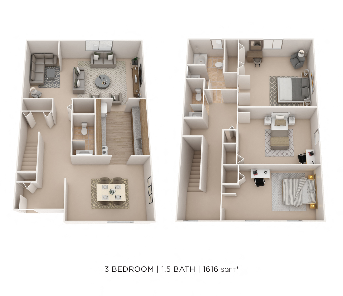 Floor plan for 3 beds, 1.5 baths, 1616 sqft