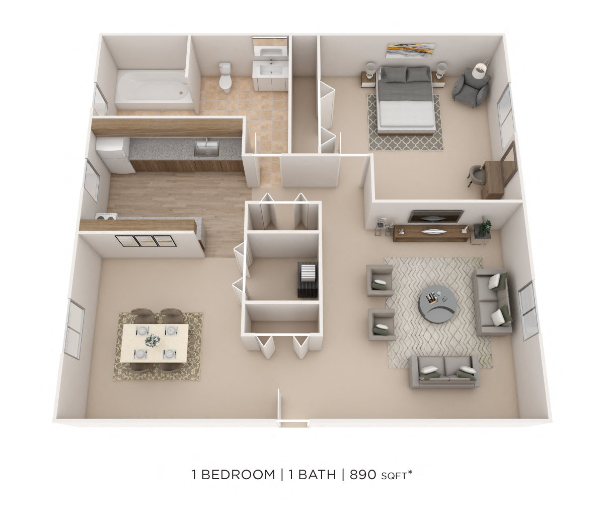 Floor plan for 1 bed, 1 bath, 890 sqft