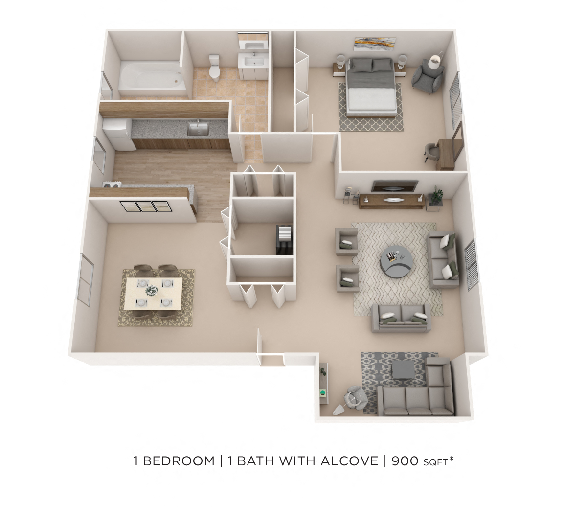 Floor plan for 1 bed, 1 bath, 900 sqft