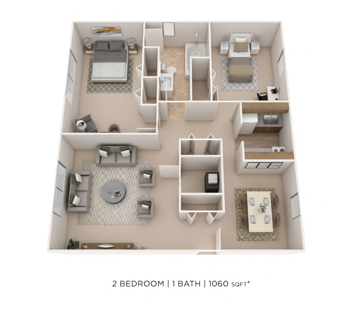 Floor plan for 2 beds, 1 bath, 1060 sqft