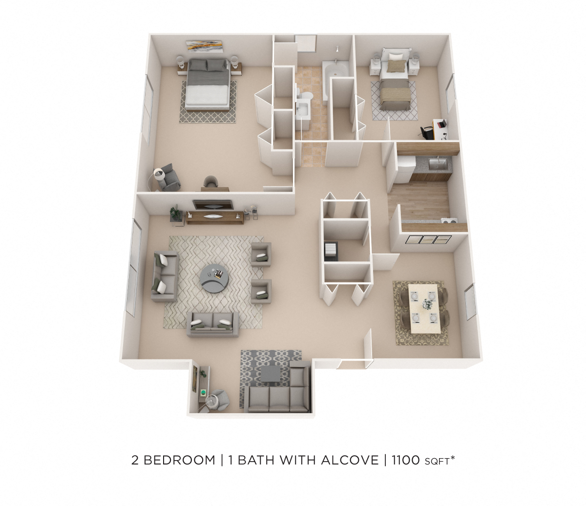 Floor plan for 2 beds, 1 bath, 1100 sqft