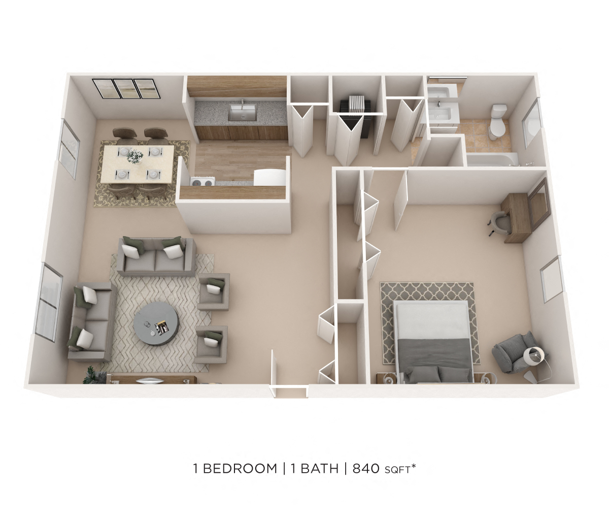 Floor plan for 1 bed, 1 bath, 840 sqft
