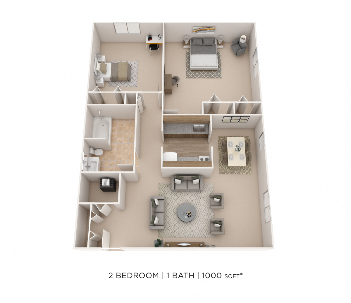 Floor plan for 2 beds, 1 bath, 1000 sqft