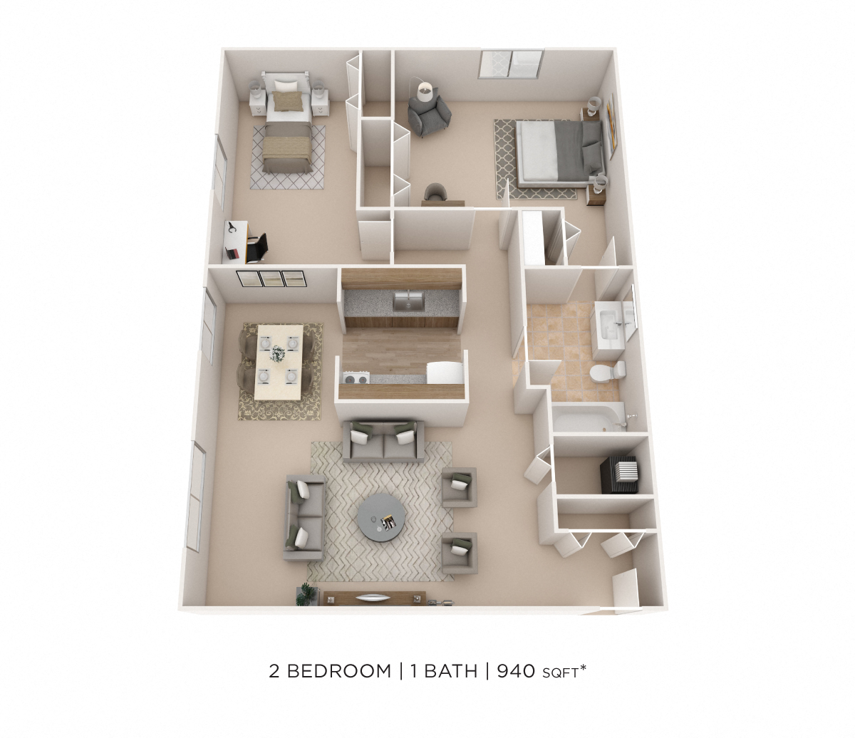Floor plan for 2 beds, 1 bath, 940 sqft