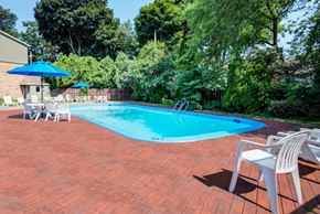 Rochester apartment for rent - A pool surrounded by trees and chairs.