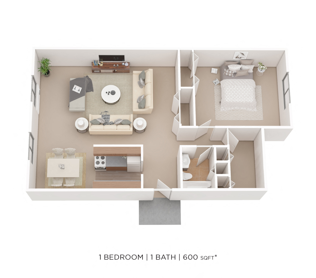 Floor plan for 1 bed, 1 bath, 660 sqft