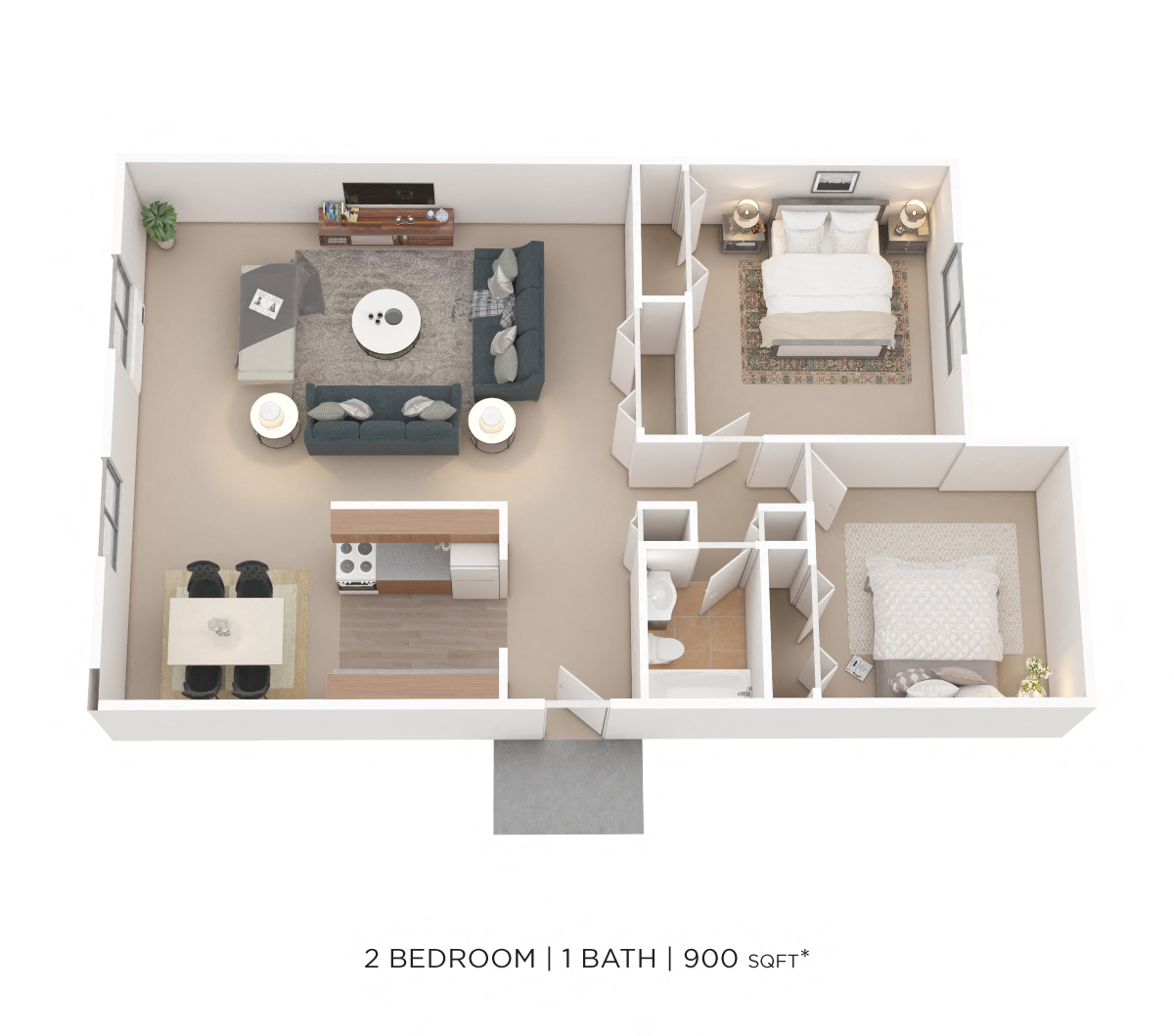 Floor plan for 2 beds, 1 bath, 900 sqft