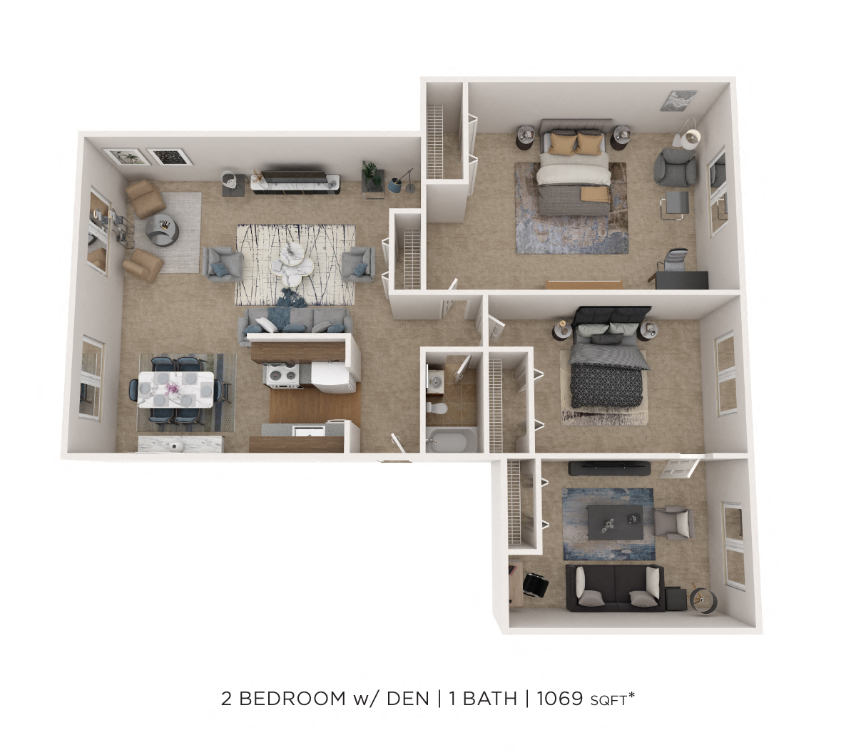 Floor plan for 2 beds, 1 bath, 1069 sqft