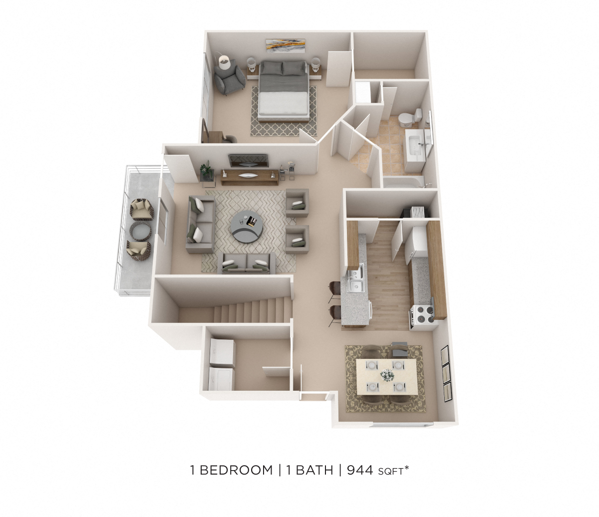 Floor plan for 1 bed, 1 bath, 944 sqft