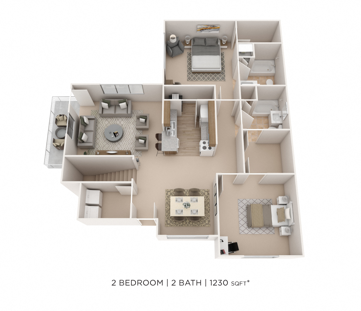 Floor plan for 2 beds, 2 baths, 1230 sqft