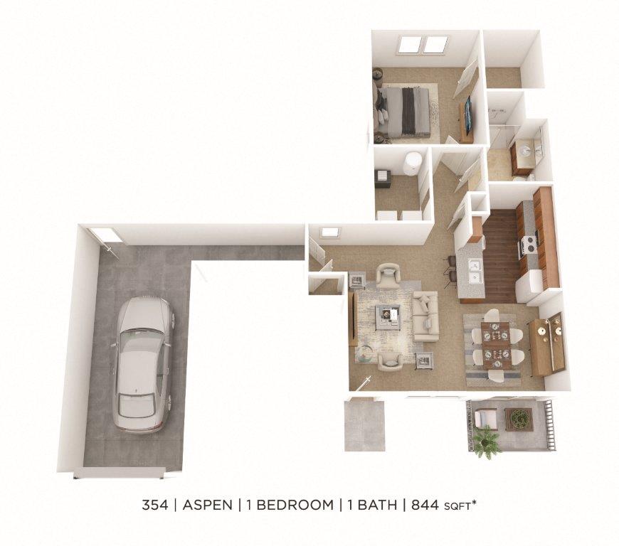 Floor plan for 1 bed, 1 bath, 844 sqft