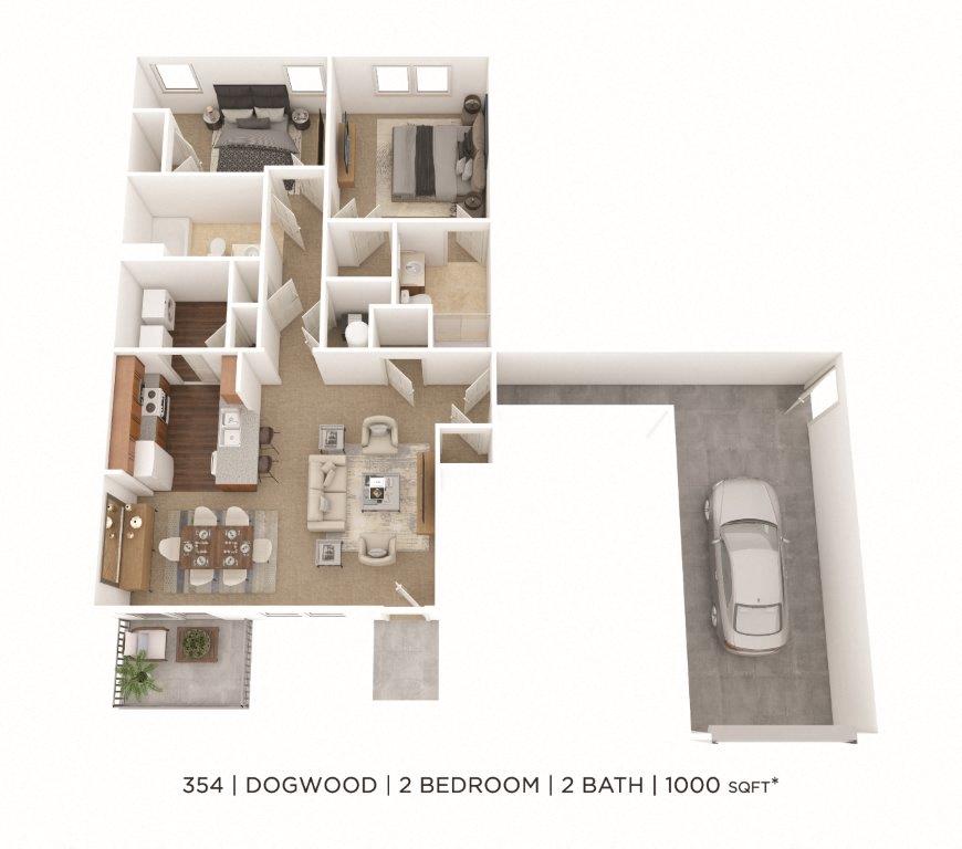 Floor plan for 2 beds, 2 baths, 1000 sqft