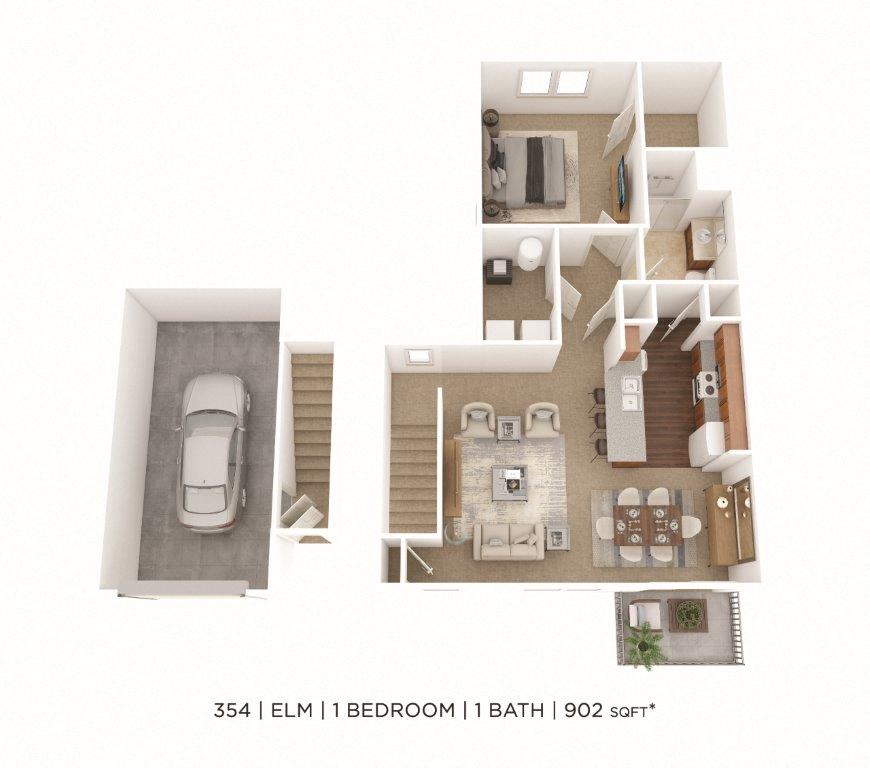 Floor plan for 1 bed, 1 bath, 902 sqft