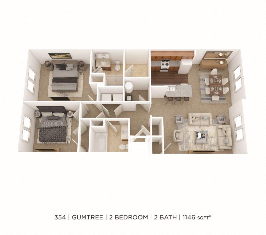 Floor plan for 2 beds, 2 baths, 1146 sqft