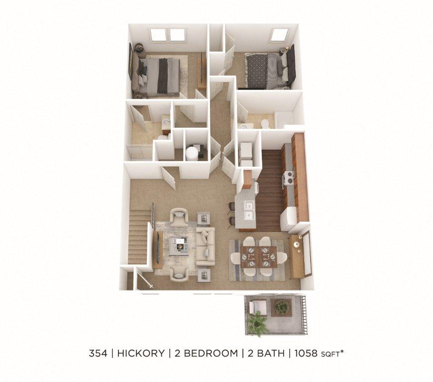 Floor plan for 2 beds, 2 baths, 1058 sqft