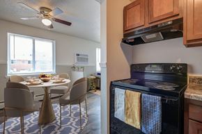 Rochester apartment for rent - a kitchen and a dining room with a table and chairs