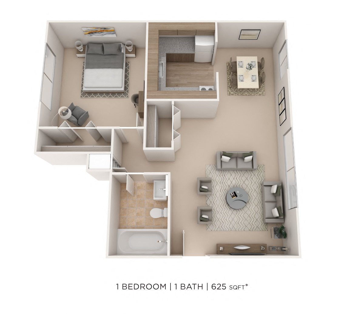 Floor plan for 1 bed, 1 bath, 625 sqft