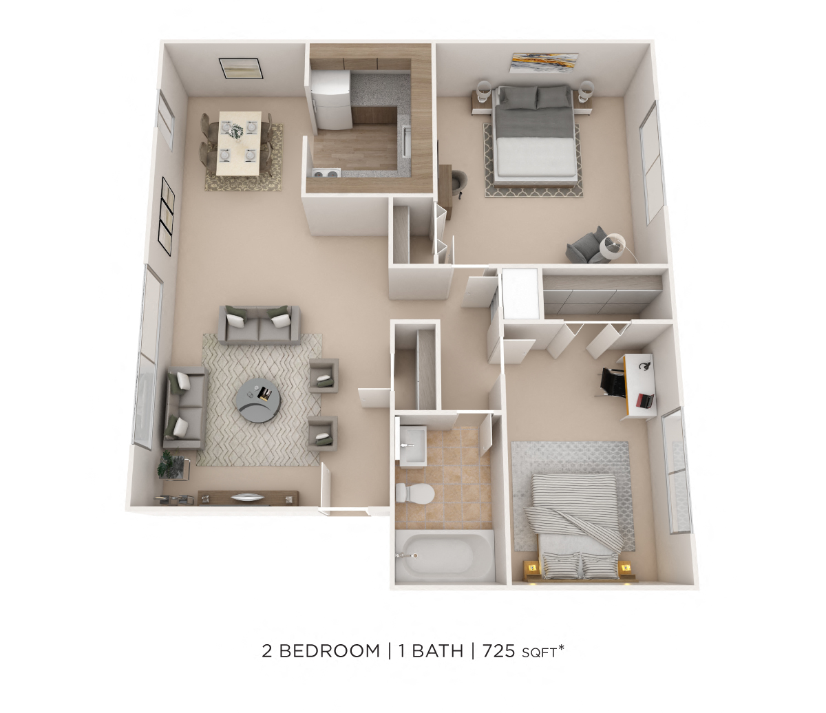 Floor plan for 2 beds, 1 bath, 725 sqft