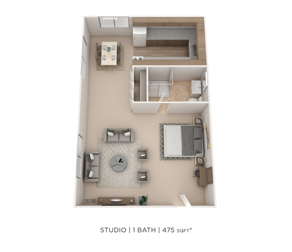 Floor plan for studio, 1 bath, 475 sqft