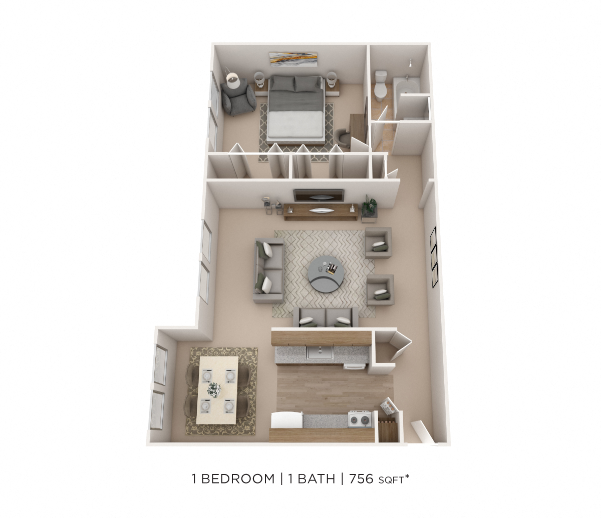 Floor plan for 1 bed, 1 bath, 756 sqft