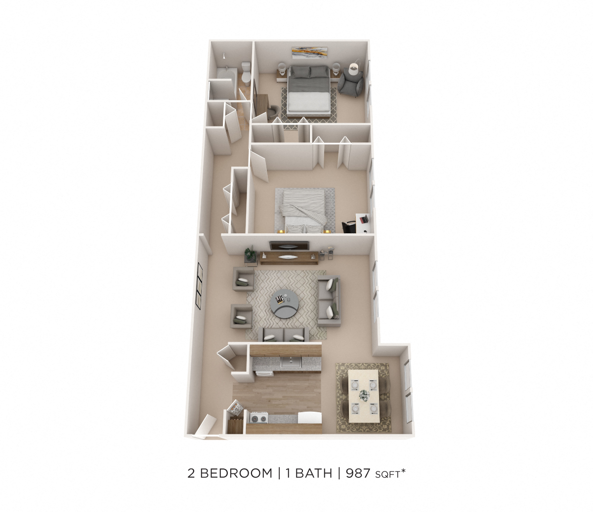 Floor plan for 2 beds, 1 bath, 987 sqft