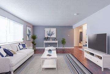 Rochester apartment for rent - a living room with a white couch and a television