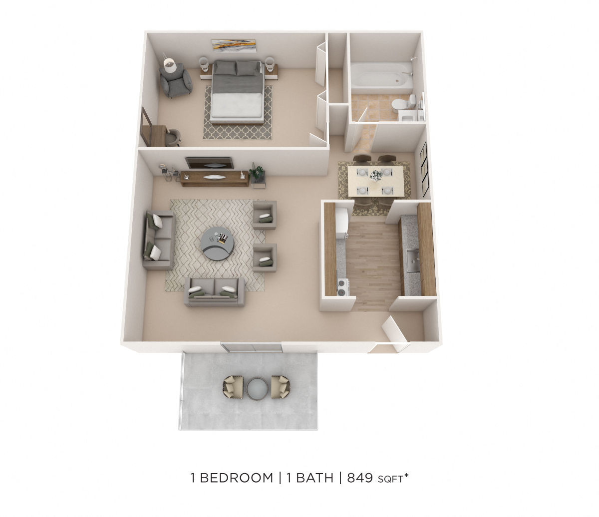 Floor plan for 1 bed, 1 bath, 849 sqft