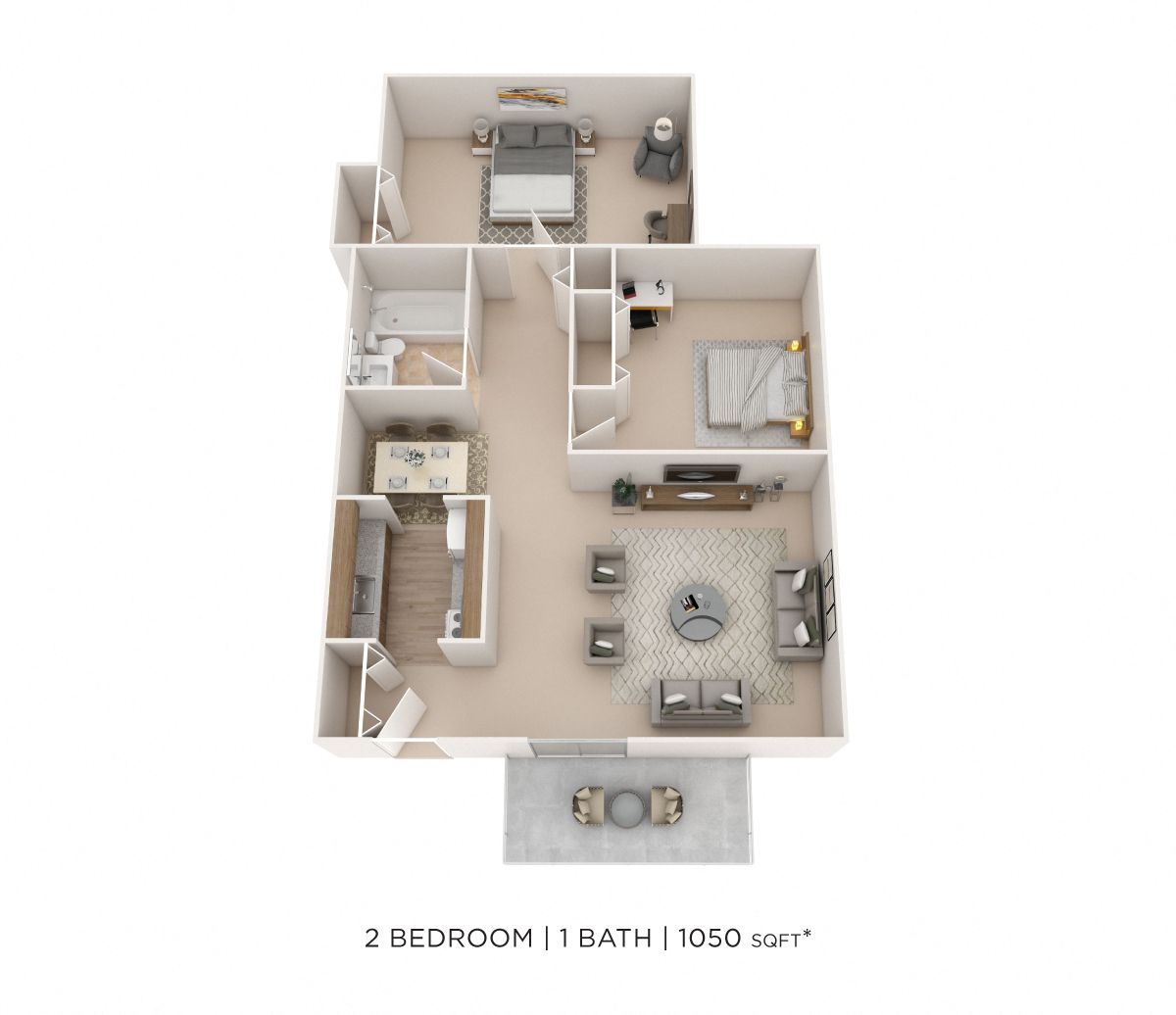 Floor plan for 2 beds, 1 bath, 1050 sqft