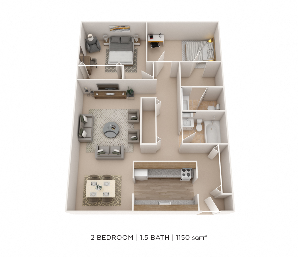 Floor plan for 2 beds, 1.5 baths, 1150 sqft