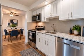 Rochester apartment for rent - A kitchen with white cabinets and a stainless steel dishwasher.