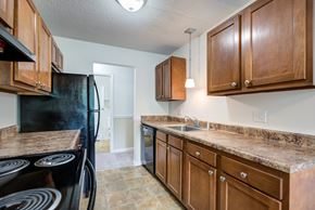 Rochester apartment for rent - a kitchen with wooden cabinets and a black stove and refrigerator